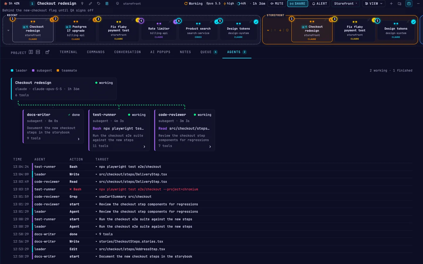 The AGENTS tab: a lead session with three subagents and a log of their tool calls.
