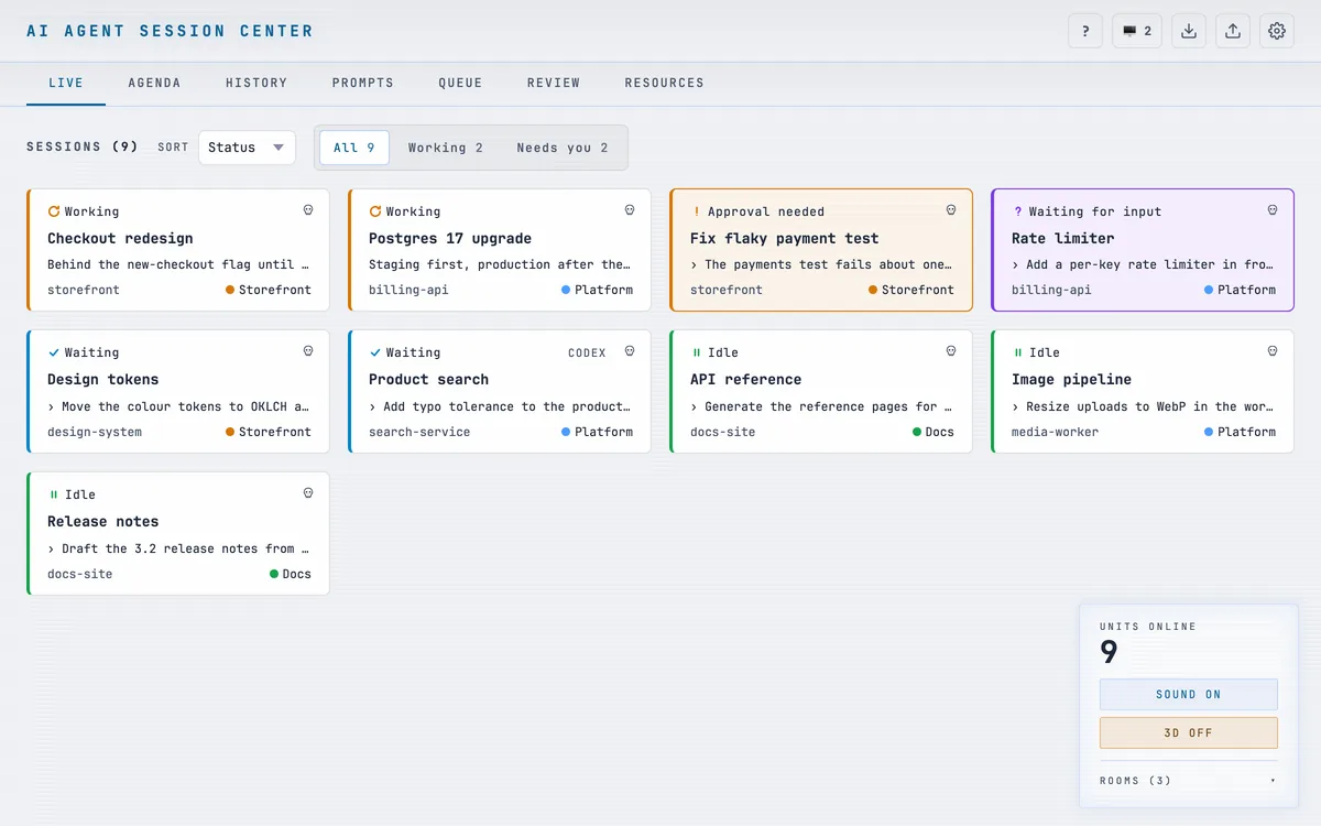The LIVE board on a smaller window: nine session cards in four columns, two of them waiting for you.
