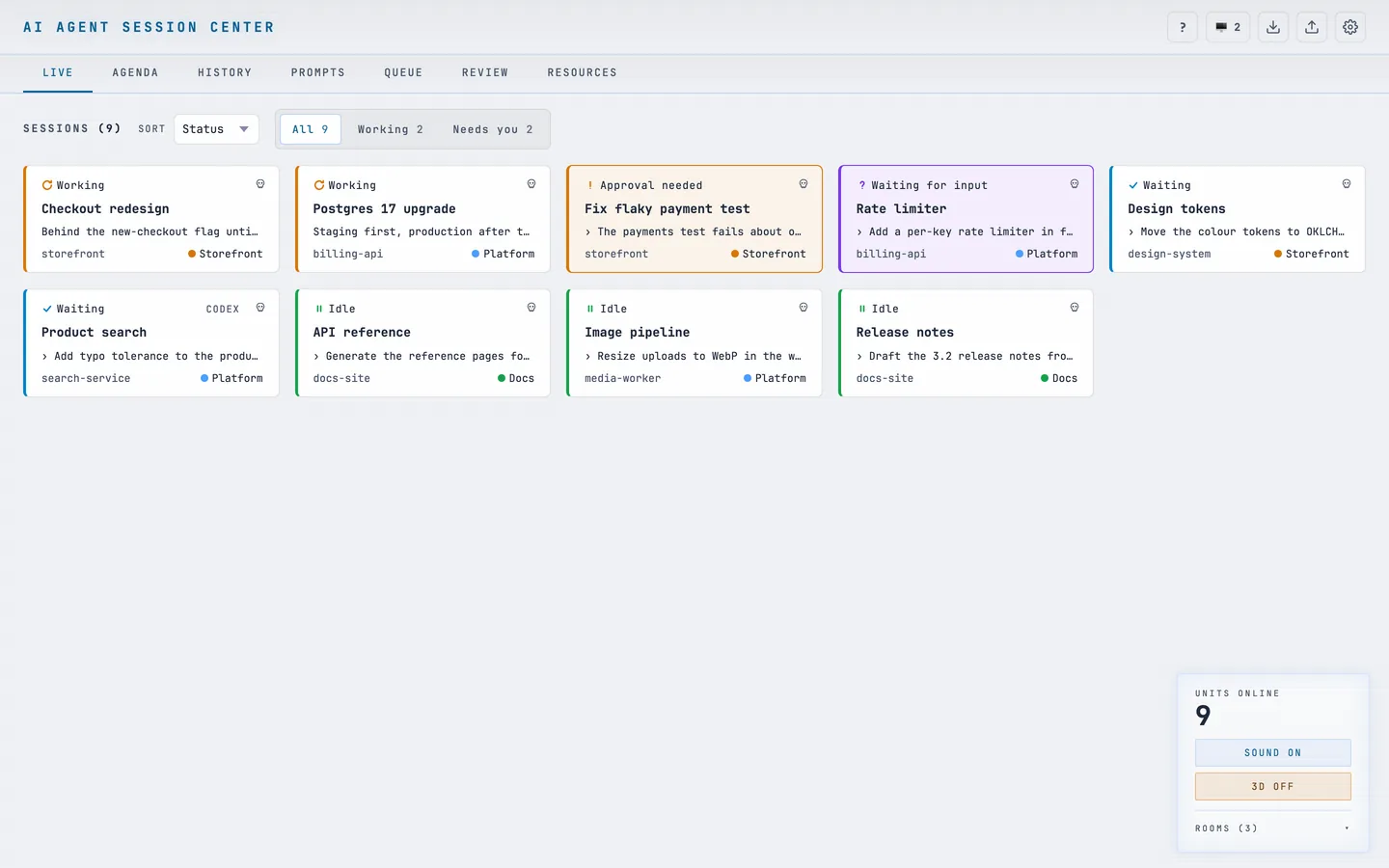 The LIVE board: nine sessions across three projects, each card showing its status, title, last prompt and room.