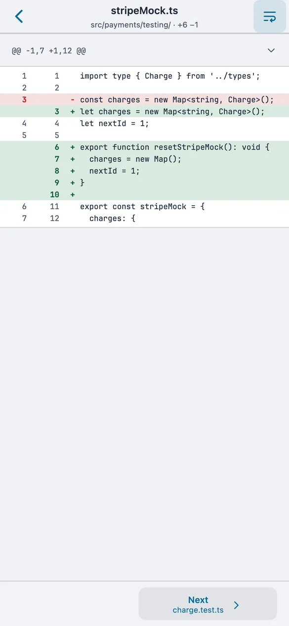 The files a session changed, shown on the phone with their diffs.