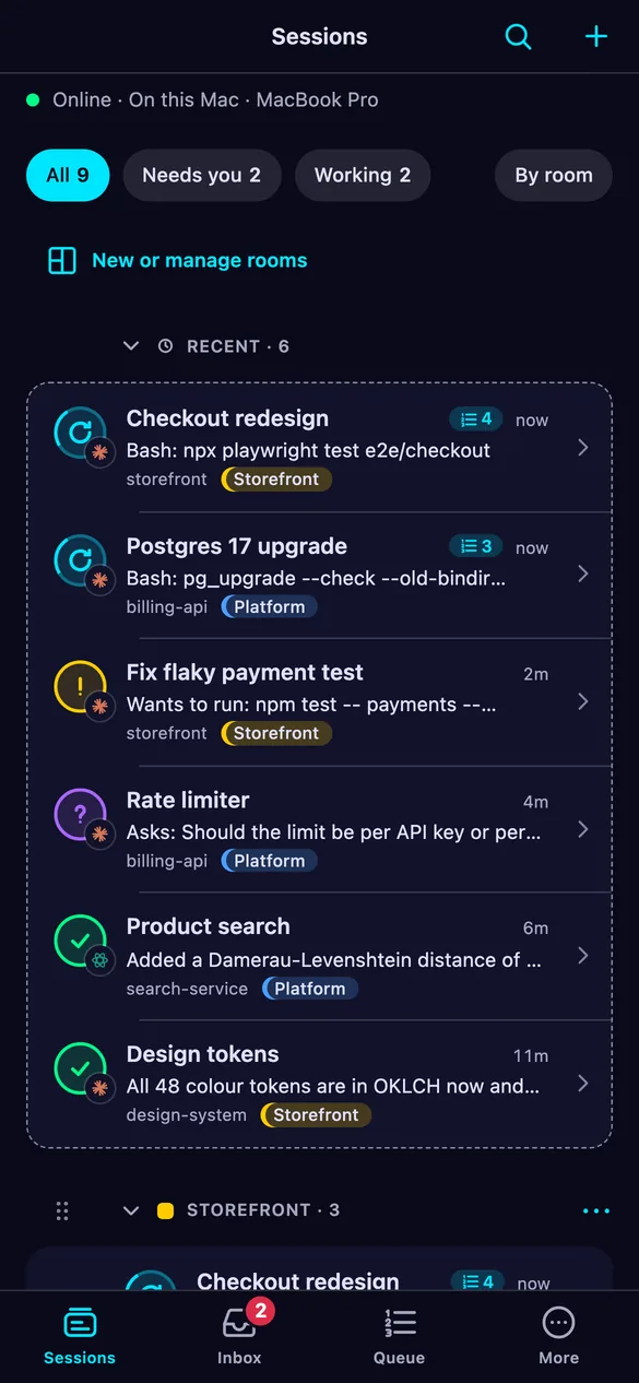 The phone app listing sessions, with the ones waiting for an approval or an answer at the top.