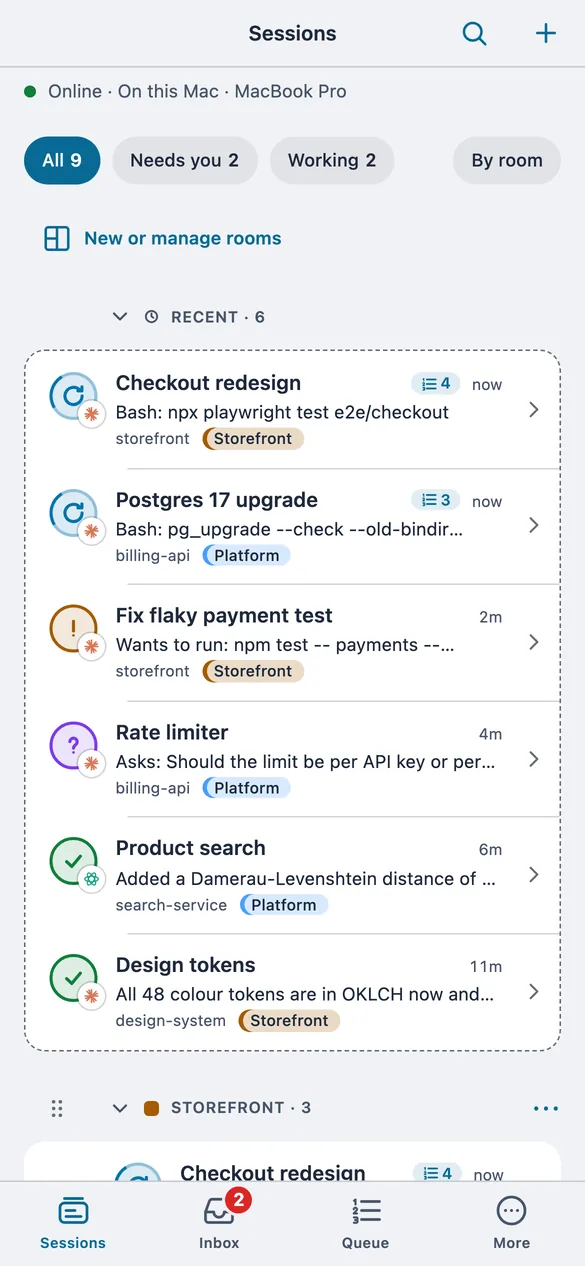 The phone app listing sessions, with the ones waiting for an approval or an answer at the top.