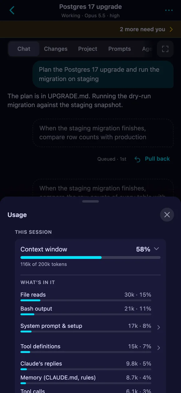 The Usage sheet on the phone: the context window at 58 percent, split into file reads, command output, the system prompt and more.